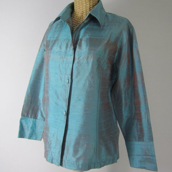 Anü by Natural Women M Turquoise Blue 100% Raw Silk Long Sleeve Shirt Iridescent - Picture 2 of 10